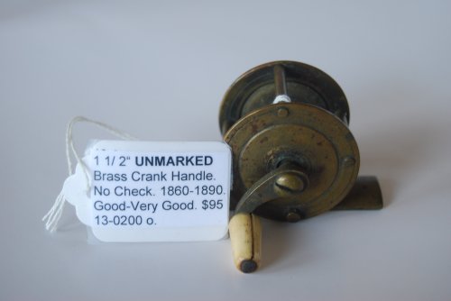 1 1/2 UNMARKED Brass Crank-handle reel. 7/8 in. pillars; No Check; White Bone knob on curved crank handle; Circa 1860-1890. 2 3/8 oz.